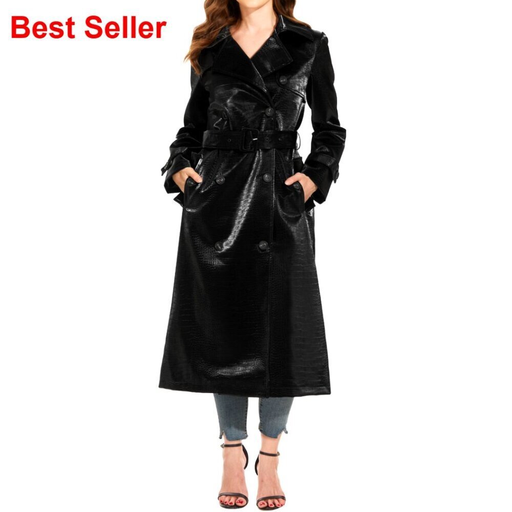 Faux Leather Trench Coat, Motorcycle Biker Jacket, Lightweight Vegan Pleather